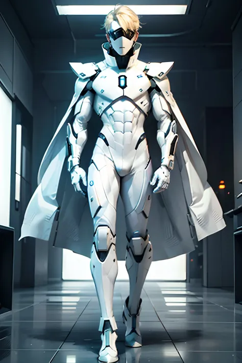 (futuristic, sci fi)Male in white stealth suit, blonde hair, white gaunlets, full body suit, hands visible, hair visible, pale skin, beautiful face, masterpiece, white futuristic mouth mask