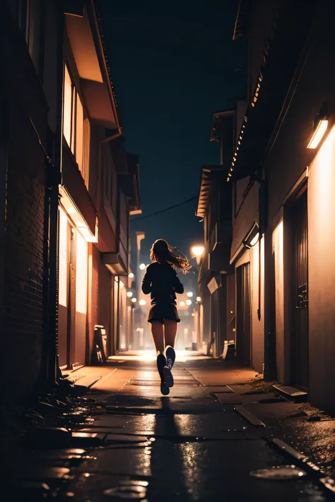 a girl running away in the dark, view from behind