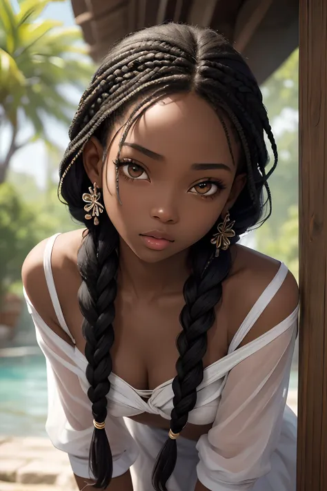 (masterpiece, best quality), deep ebony 1girl, beautiful face, freely hanging braids, confused