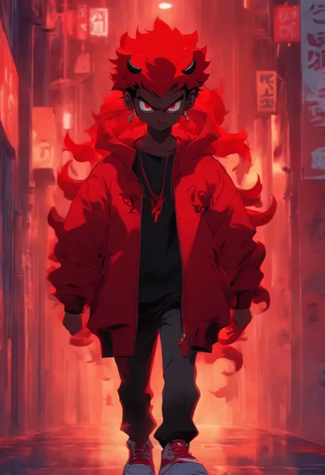 cartoon of a boy red devil cute face with a cap, in a suit and sneakers walking, streetwear graphic design, akira vibes, album art, illustration style