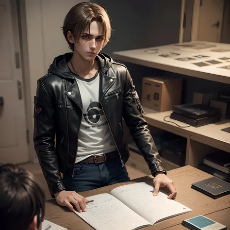 Alon boy look like leon kennedy, detailing eyes face ,outfits gray hood black leather jacket white t shirt black jean,heart broken,writing on notebook mic on table in Room gaming room