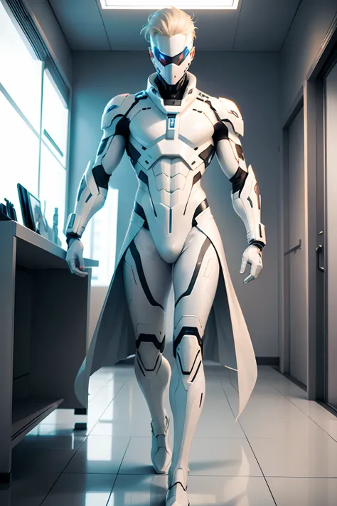 (futuristic, sci fi)Male in all white stealth suit, blonde hair, white gaunlets, full body suit, hands visible, hair visible, pale skin, beautiful face, masterpiece, white futuristic mouth mask, eyes visible, evil intent, medical tools in hand, highquality