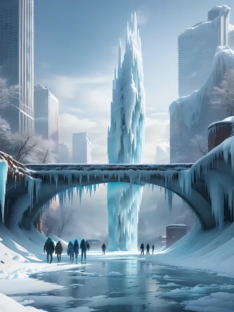 Snowy city，Snow-capped skyscrapers，People walk on snowy roads, ice city in 2 0 8 0, apocalyptic future city, Photo of futuristic cityscape, futuristic dystopian city, Futuristic city landscape, futuristic urban background, Futuristic city background, Futur...