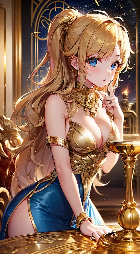 top-quality、Top image quality、​masterpiece、girl with((18year old、Gold underwear,Best Bust、Medium bust、Bust 85,Beautiful blue eyes、Breasts wide open,Sexy Gold Dress、Gold Miniskirt、Gold Earrings、Gold necklace、Gold Ring、Shining golden ponytail、Gold Shoes、Poin...