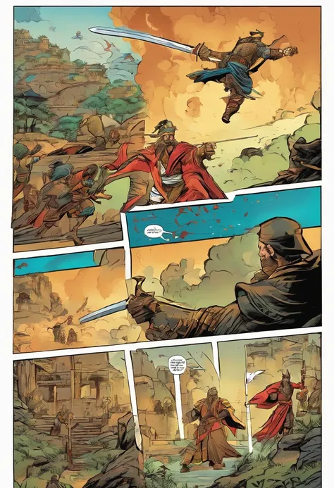 Quadrinhos americanos, The comic is presented in several irregular panels with colors. o samurai com uma espada poderosa passa por dificuldades enquanto luta contra seu mestre ninja