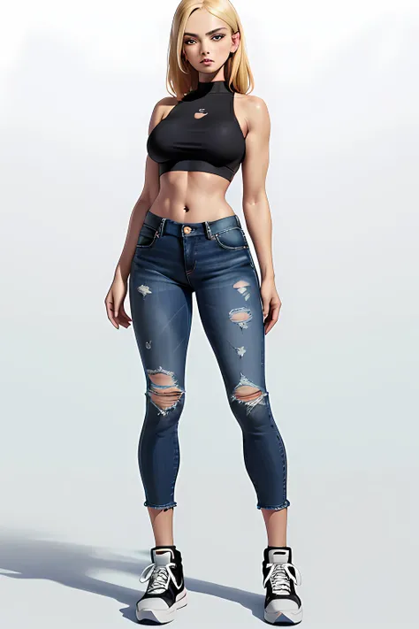 (1 beautiful woman, expressive eyes, perfect face, med colour, blonde hair, black crop top, blue jeans, sneakers, standing in a confident pose, full body image, high level of detail, high res, ultra sharp, 8k, looking at viewer, white background, sticker)