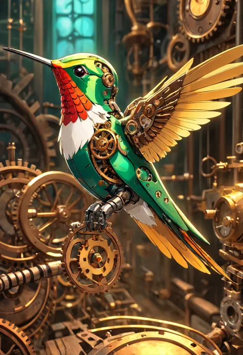 (A robotic hummingbird in steampunk style:1.4), gear structure, mechanical bird, (best quality,4k,8k,highres,masterpiece:1.2),ultra-detailed,(realistic,photorealistic,photo-realistic:1.37), HDR, UHD, studio lighting, ultra-fine painting, sharp focus, physi...