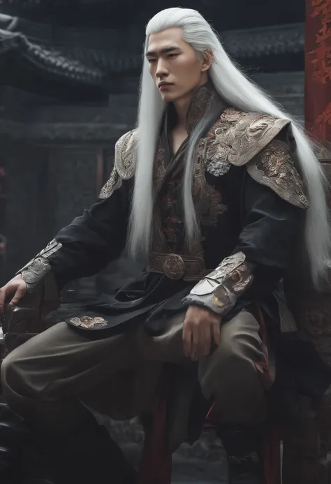 Men, Chinese style, Long white hair, Cyberpunk, Vintage clothing, HD, Mecha, full bodyesbian,