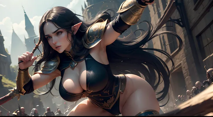 (Best quality, 8k, 32k, Masterpiece, UHD:1.2),Beautiful  female elf, woman elf, athletic, large breasts, cleavage, battle scene in background, masterpiece, perfect lighting, uhd, 8k, (wearing armor), lord of the rings, (fighting pose, holding long bow), 1g...