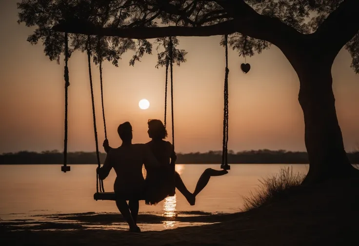 jovens negros, uma mulher, e um homem, com olhos azuis, The woman sitting on the swing, Hanging from the tree, o homem encostado, on the tree, a olhar para, a lua com sorrisos, With a heart of stone, partido ao lado da arvore, The moon in the sky