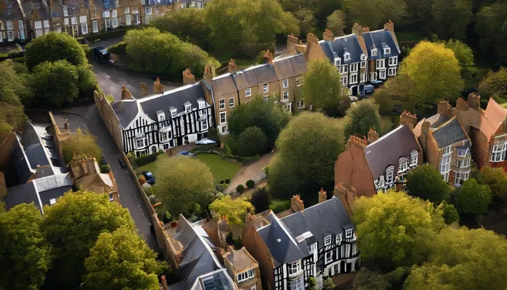 Aerial photograph of a house in the UK，A row of sloping houses，Diagonal composition，no trees，Big Ben, london, Rich in detail，photo realistic style:Photogram