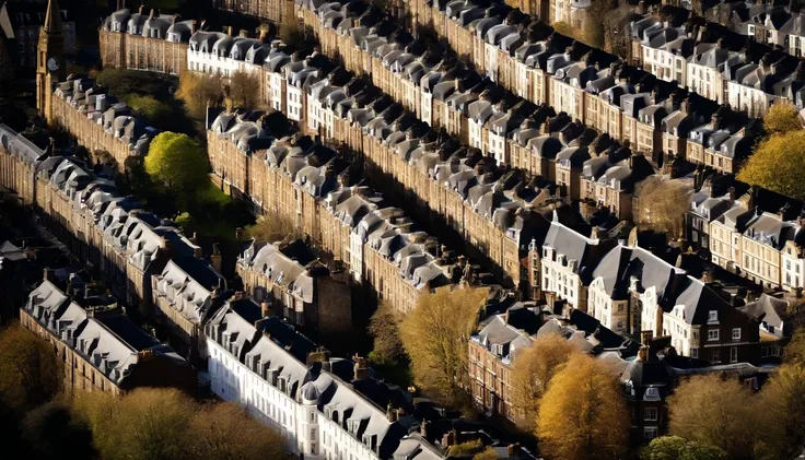 Aerial photograph of a house in the UK，A row of sloping houses，Diagonal composition，no trees，Big Ben, london, Rich in detail，photo realistic style:Photogram