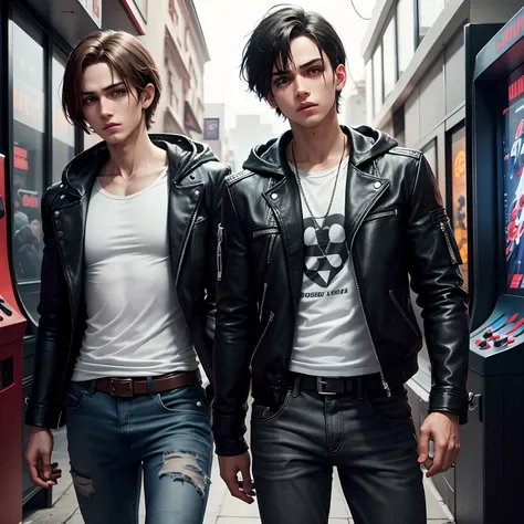 Alon boy look like leon kennedy, detailing face ,outfits gray hood black leather jacket white t shirt black jean,heart broken, play video game arcade