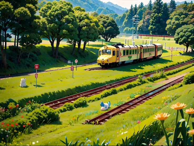 Cute cute little train，Walk through the grass，Japanese-style train tracks，Cute little bunnies，A lot of sections