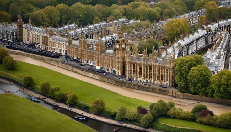 Aerial photograph of a house in the UK，A row of sloping houses，Diagonal composition，Thames embankment,No trees，Big Ben, london, Rich in detail，photo realistic style:Photogram