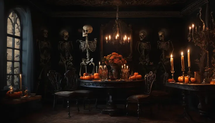 Paint Halloween design with skeletons, cenando a la luz de las velas dentro de una casa oscura. Mural Art style design. Dark Gothic and Vintage style design.