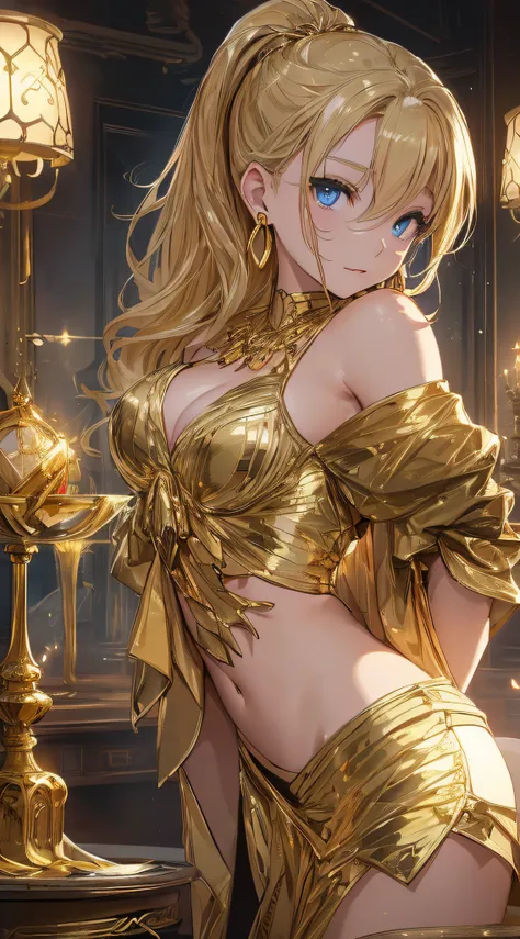 top-quality、Top image quality、​masterpiece、girl with((18year old、Gold underwear,Best Bust、Medium bust、Bust 85,Beautiful blue eyes、Breasts wide open,Sexy Gold Dress、Gold Miniskirt、Gold Earrings、Gold necklace、Gold Ring、Shining golden ponytail、sexypose）hiqual...