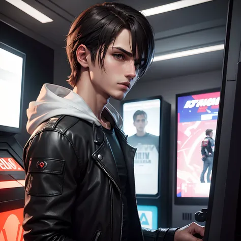 Alon boy look like leon kennedy, detailing face ,outfits gray hood black leather jacket white t shirt black jean,heart broken, play video game arcade solo image