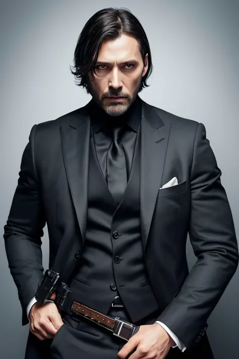 A man in a black suit aims a pistol, Character portrait, inspired by MADS MIKKELSEN and John Wick, higly detailed, Blackbeard,