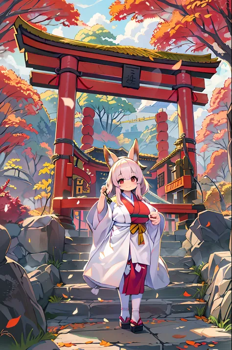 Fox Woman、body covered with fur、huge-breasted、kawaii、shrine maiden、Japan white clothes,Red Hakama、torii gate,((High Position))、A big smile、bbw、thick thight、big butts、Ultramammy,Chibi,Nanachi, autumn day,kaede、 Pines, Anime Background Art, japanese art styl...