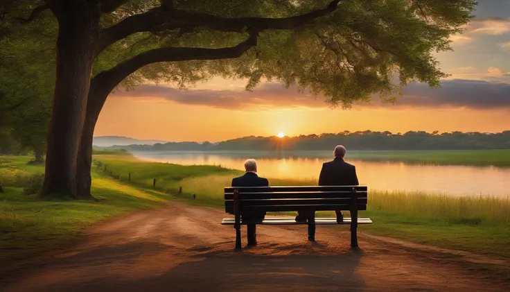 A lonely gentleman sitting on a bench in the middle of a muddy road and a beautiful landscape of nature, Final da tarde, sun sunset, ultra realista