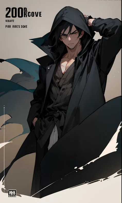 30 years old handsome man with black hair who looks homeless wears a black coat and covers his head with a hood , in anime style and dark vibes for a novel cover