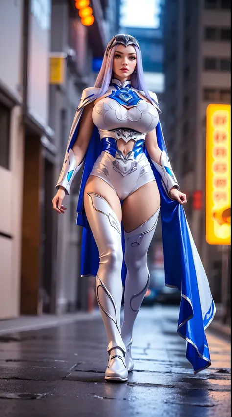 BEST QUALITY, (PHOTOREALISTIC:1.2), HYPER-RESOLUTION,1GIRL, SOLO, (white, blue), (HUGE FAKE BOOBS:1.3), (FUTURISTIC MECHA CROP TOP, EMPRESS CAPE, CLEAVAGE:1.4), (SKINTIGHT YOGA PANTS, HIGH HEELS:1.2), (GLAMOROUS BODY, MUSCLE ABS, LONG LEGS, FULL BODY VIEW:...