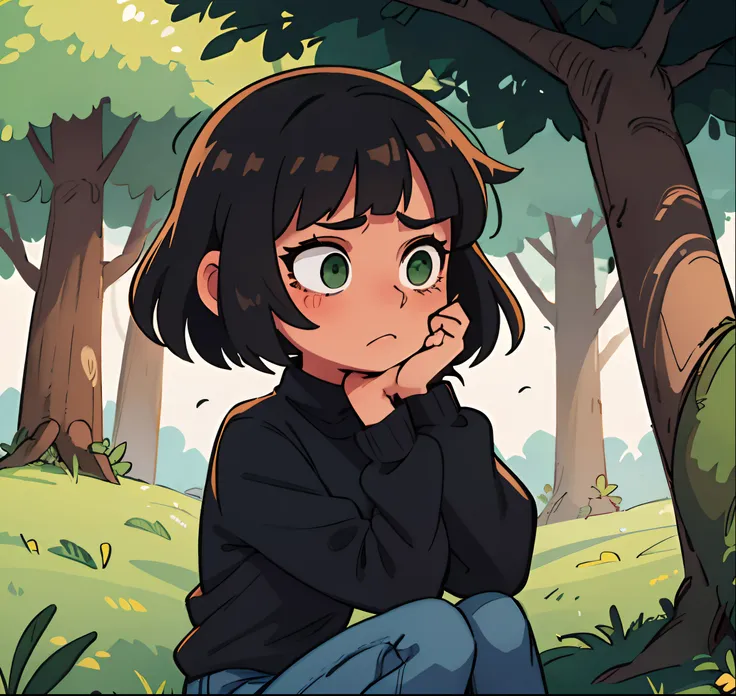 girl with short hair, light brown green eyes, in black sweater jeans crying under a tree in the forest