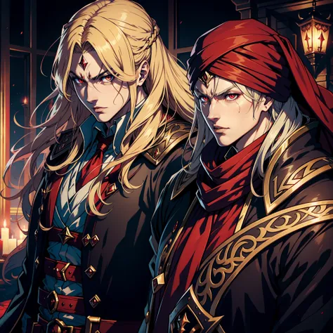 Castlevania Hyper Realistic Lord of Shadows Super Detailed Dynamic Shot Of Moroccan Wife Blonde Hair With Lord Dracula Red Hyper Realistic Turban Hokuto No Ken Style With Red Turban Zoom Red Eyes Shiny Crystal Eyes