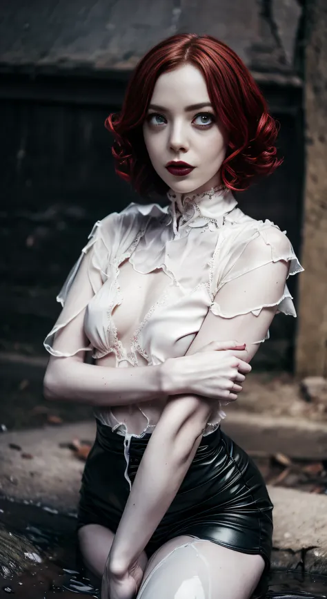 goth emma stone, red curly hair, pale white skin, black lipstic, black eyeliner, piersings.