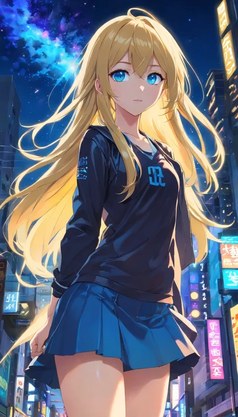 (Satisfying aesthetics:1.2)、（A Beautiful Girl）、(Long golden hair and colorful blue eyes.:1.2)、Wearing a black leather miniskirt dress.、Stand on the building.、night sky、sexy pose、Full Body Esbian、boot、（Full Body Esbian）