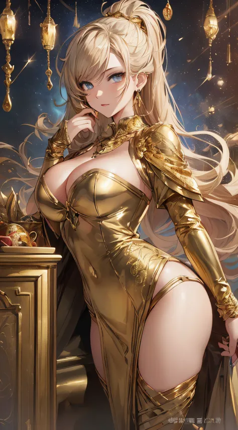 top-quality、Top image quality、​masterpiece、girl with((18year old、Gold underwear,Best Bust、Medium bust、Bust 85,Beautiful blue eyes、Breasts wide open,Sexy Gold Dress、Gold Miniskirt、Gold Earrings、Gold necklace、Gold Ring、Shining golden ponytail、sexypose、Slouch...