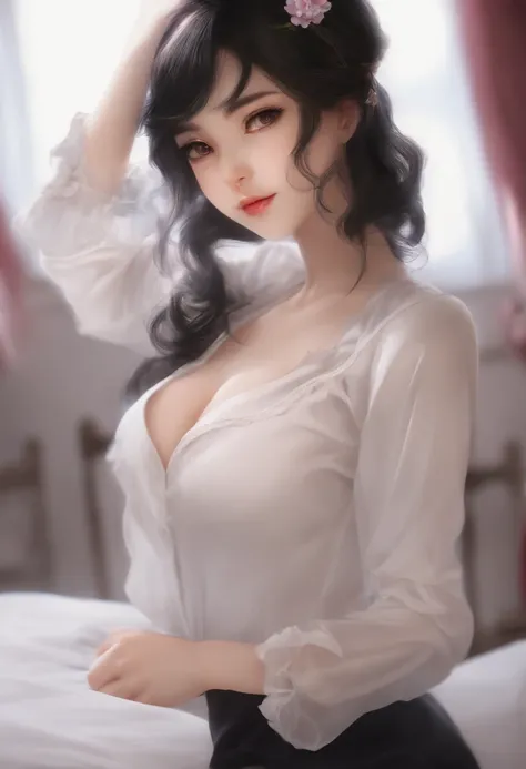 Loli anime girl, Realistic shadows, Detailed skin, Very small breasts, Black hair, Very detailed, 8K highly detailed face, Perfect face shape, Full, perfect lips, Perfect nose, Correct beautiful eyes, Watching Viewer, White shirt, Hair flowers, Masterpiece...