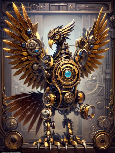 (best quality, ultra-detailed, realistic:1.37),full body, close shot, steampunk mechanical eagle robot, a steampunk eagle robot ,bronze color, tube and pipe, gears and metal, rising steam, metallic wings and claws, metallic head and peck, metallic feather,...