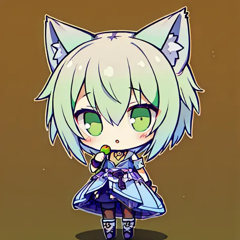 Chibi,masutepiece,Best Quality,1 boy,Full body,white backgrounid,Green hair,Green cat ears,short-haired,brown clothes