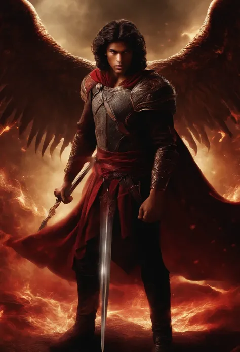 color photo of a brown boy, 19 years old, with red eyes, exuding a mesmerizing red power. His skin is a captivating blend of tan and black, adding an ethereal touch to his presence. Clad in a striking black cloth, he stands in a fantasy kingdom, surrounded...