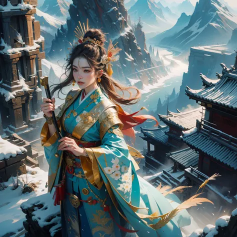 Chinese style, phoenix fairy, god, gorgeous clothes, beautiful feather pattern, Hanfu, standing on the top of the mountain, 32k --niji 5