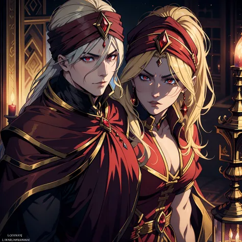 Castlevania Hyper Realistic Lord of Shadows Super Detailed Dynamic Shot Of Moroccan Wife Blonde Hair With Lord Dracula Red Hyper Realistic Turban Hokuto No Ken Style With Red Turban Zoom Red Eyes Shiny Crystal Eyes