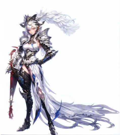 Anime characters with sword and white dress, glossy white armor, ffxiv heavensward, White armor, From Lineage 2, Female character, aion, granblue fantasy, final fantasy character, by Yang J, ,angel knight girl, official character art, full portrait of magi...