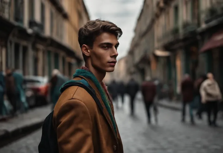 A listless young man，emaciated，Walk listlessly down the street，Clothes are shabby，Many pedestrians on the street were watching him，high detal，high high quality