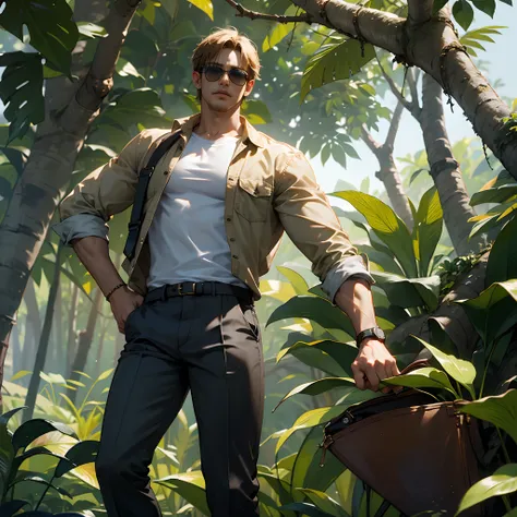 Leon Kennedy, in the jungle, short hair, sunglasses, stylish shirt,gray chinos pants, 8k ultra