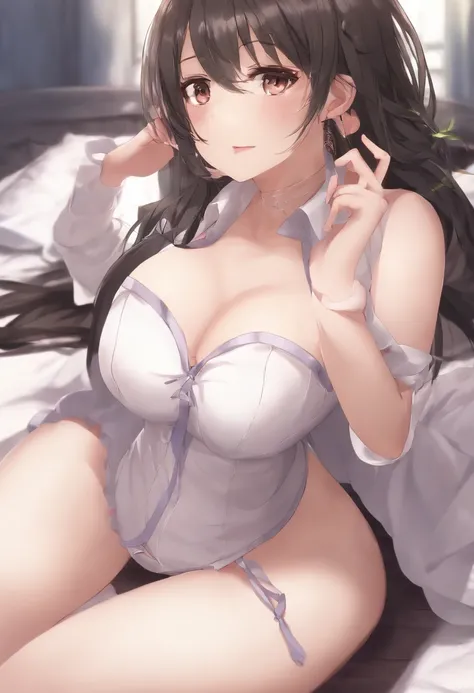 Anime visuals of cute girls (Breasts out), Upper body, gros-plan, 1girl in, Solo, ,, perky breast, Nipples,、Clothes are sheer, a navel, 鎖骨,Best Quality, Seductive,, ,Clothes will be removed,Black corset,, (Revealing clothes:1.3), Best Quality, 超A high reso...