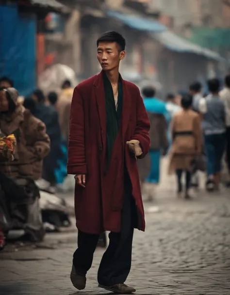 A listless young man on the streets of a metropolis in China，emaciated，Walk the streets listlessly，Clothes are shabby，Many pedestrians on the street were watching him。，high detal，high high quality