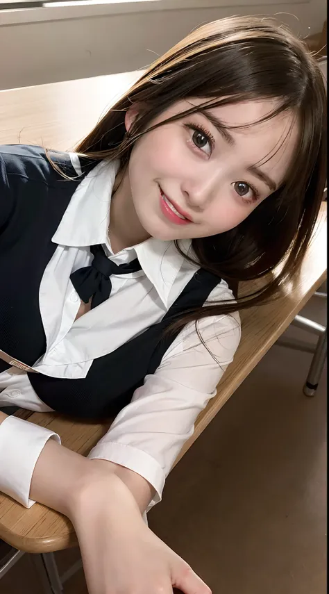 Best quality, masterpiece, ultra high res, (ecstasy:1.0), 1girl, (smile:1.0), in school, DARK hair, dramatic lighting, bitch, nomal breasts, class room, (high-school uniform:1.2), (lying:1.5) ,(face up:1.2),