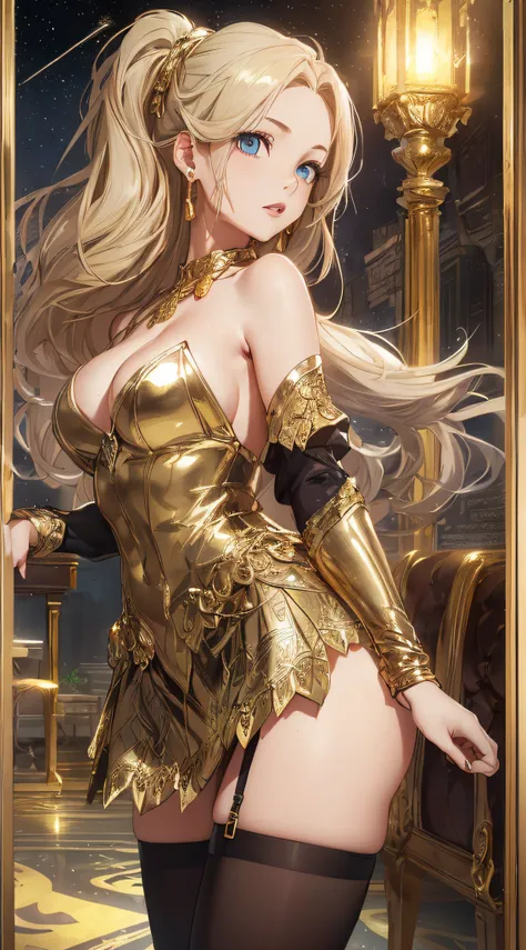 top-quality、Top image quality、​masterpiece、girl with((18year old、Gold underwear,Best Bust、Medium bust、Bust 85,Beautiful blue eyes、Breasts wide open,Sexy Gold Dress、Gold Miniskirt、Gold Earrings、Gold necklace、Gold Ring、Shining golden ponytail、sexypose、Turn y...