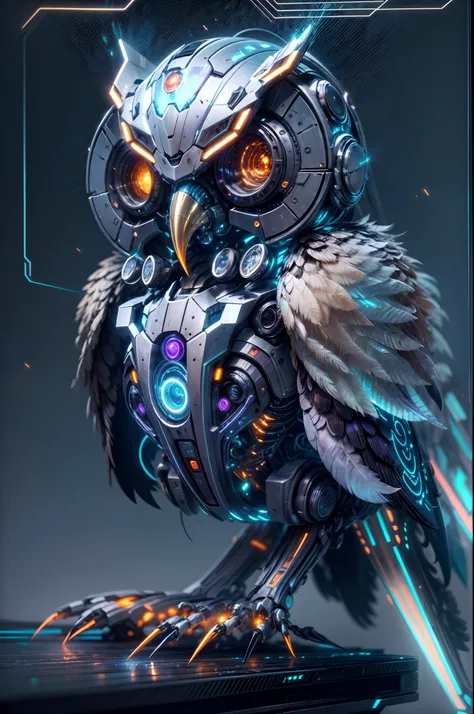 (best quality,4k,8k,highres,masterpiece:1.2),ultra-detailed),futuristic robotic owl,full body,colorful neon light,high-tech mechanical part,metallic claws and wings,metallic head and peck,metallic feathers,extremely cool,metallic legs,bionic eyes,detailed ...