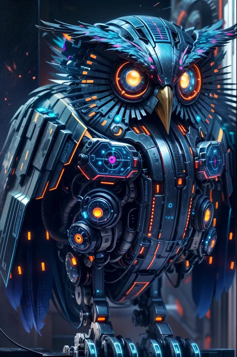 (best quality,4k,8k,highres,masterpiece:1.2),ultra-detailed),futuristic robotic owl,full body,colorful neon light,high-tech mechanical part,metallic claws and wings,metallic head and peck,metallic feathers,extremely cool,metallic legs,bionic eyes,detailed ...