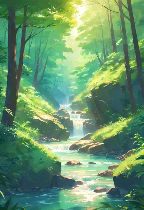 Close-up of a stream flowing through a lush green forest, ross tran. scenery background, ryan dyar, environment painting, Beautiful oil matte painting, photorealistic landscapes, 4k hd matte digital painting, 8 k resolution digital painting, 8k resolution ...