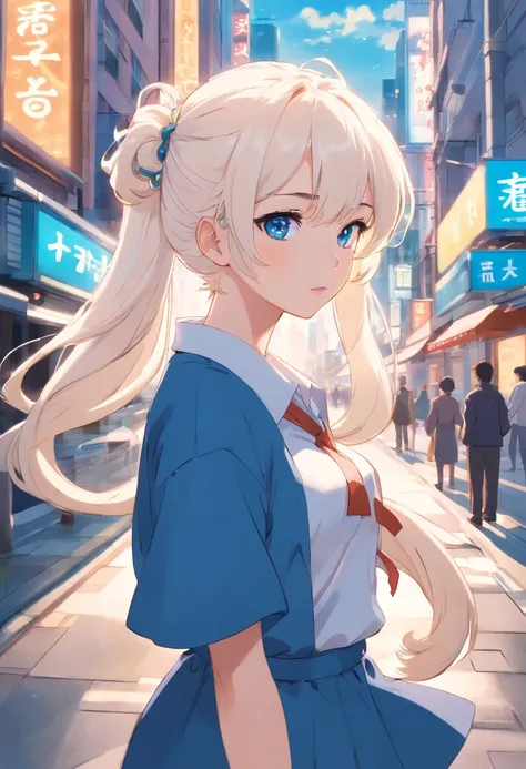 White color hair，Double ponytail curls，blue color eyes，White Lolita，Beth，A bustling city street