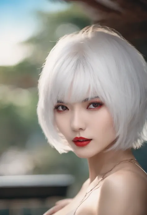 white  hair,short cut hair,Red eyes,The bikini,femele,a small face,Asian